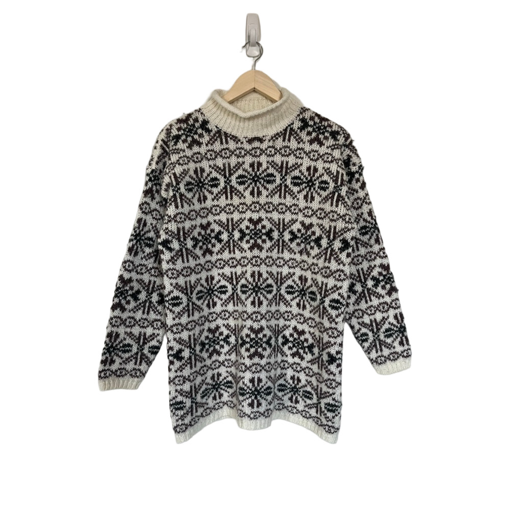 Vintage Cream Brown Fair Isle Cowl Turtleneck Sweater Knit Wool Blend Tunic